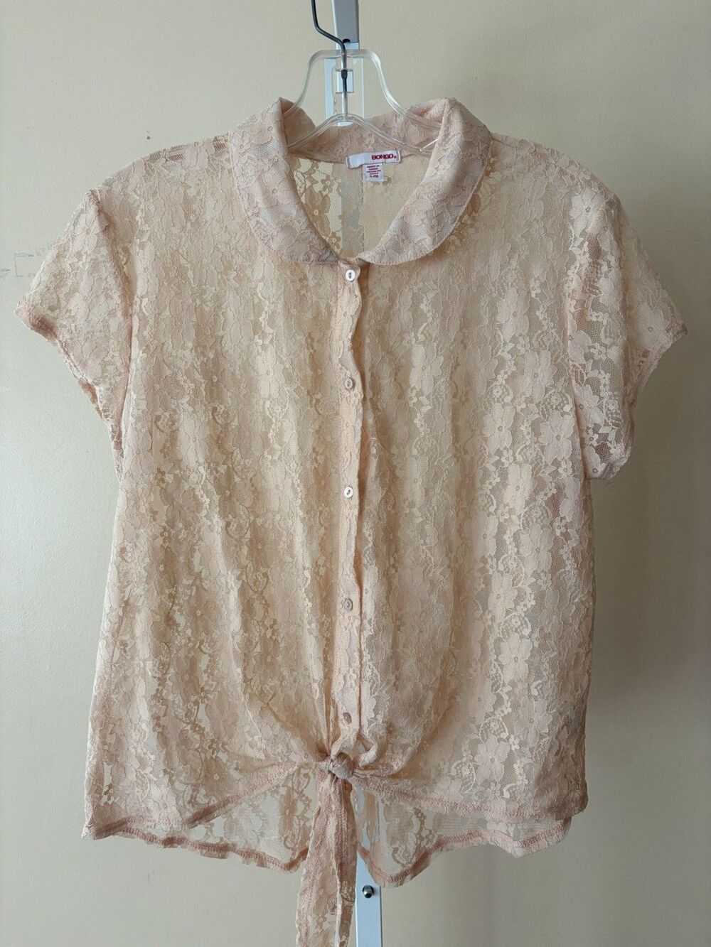 BONGO Pale Peach Crop Tie Lace Collared Short Sleeve Top Women L Boho Fairy Y2K